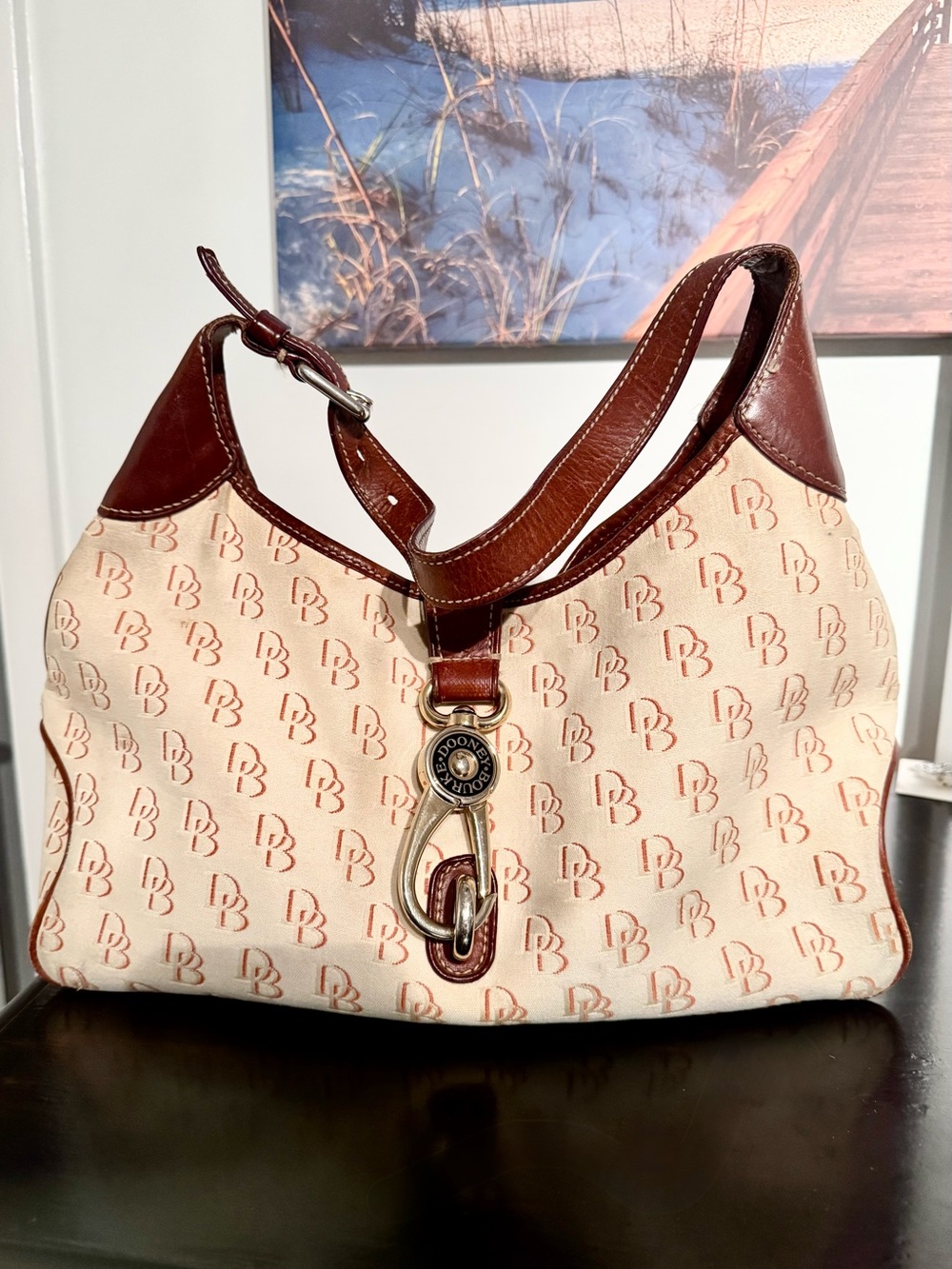 Dooney & Bourke Monogram Canvas Logo Lock Hobo Bag Brown Leather Shoulder Bag